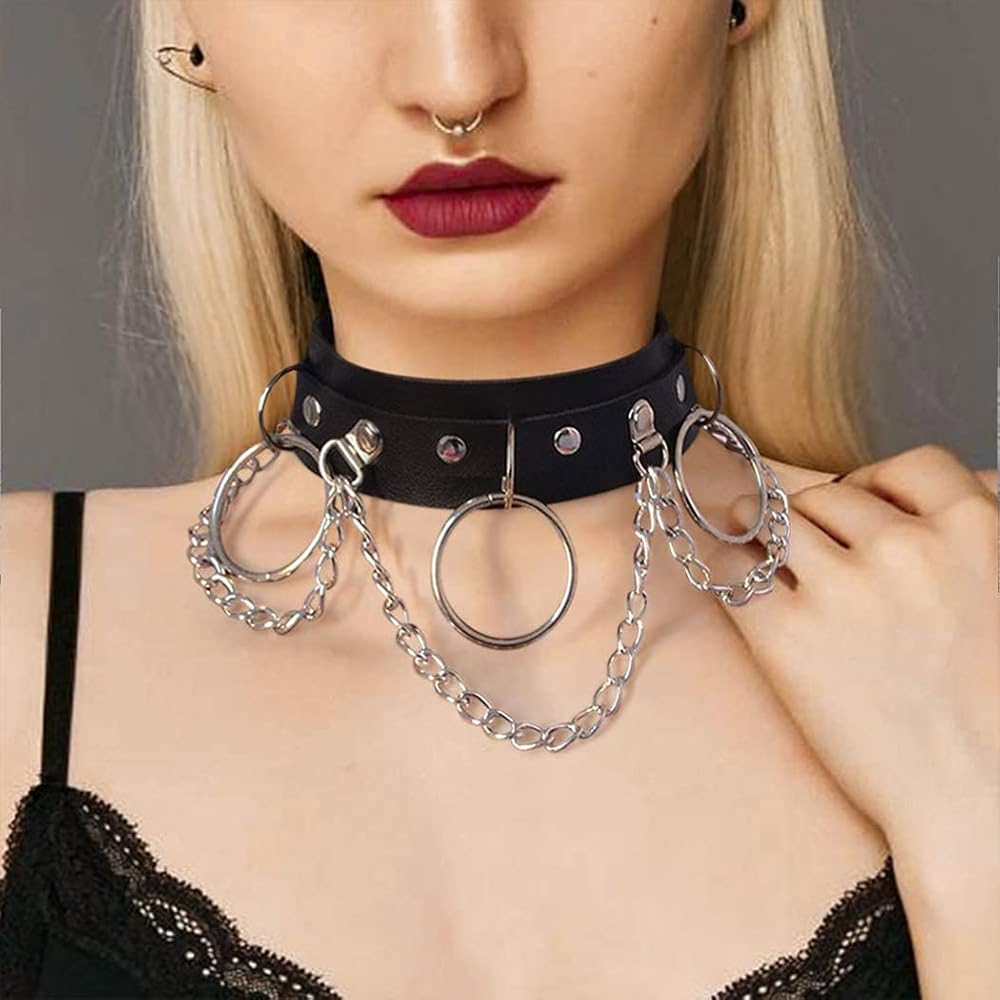 Navoky Punk Chocker Black PU Leather Necklace Sliver Chain